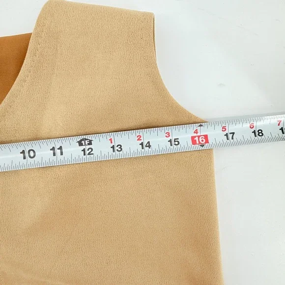 Max Studio London Tan Suede Like Pinafore Dress Size S V Neck Pockets - Picture 9 of 10